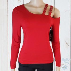 NWT BEBE AUTHENTIC ASYMMETRIC NECK WOMEN'S RED LONG SLEEVE T-SHIRT M L XL